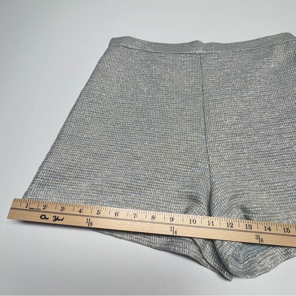 LAVENDER BROWN Silver Blue Tweed Shorts L High Waist Textured Lined Dressy Chic - Picture 11 of 14